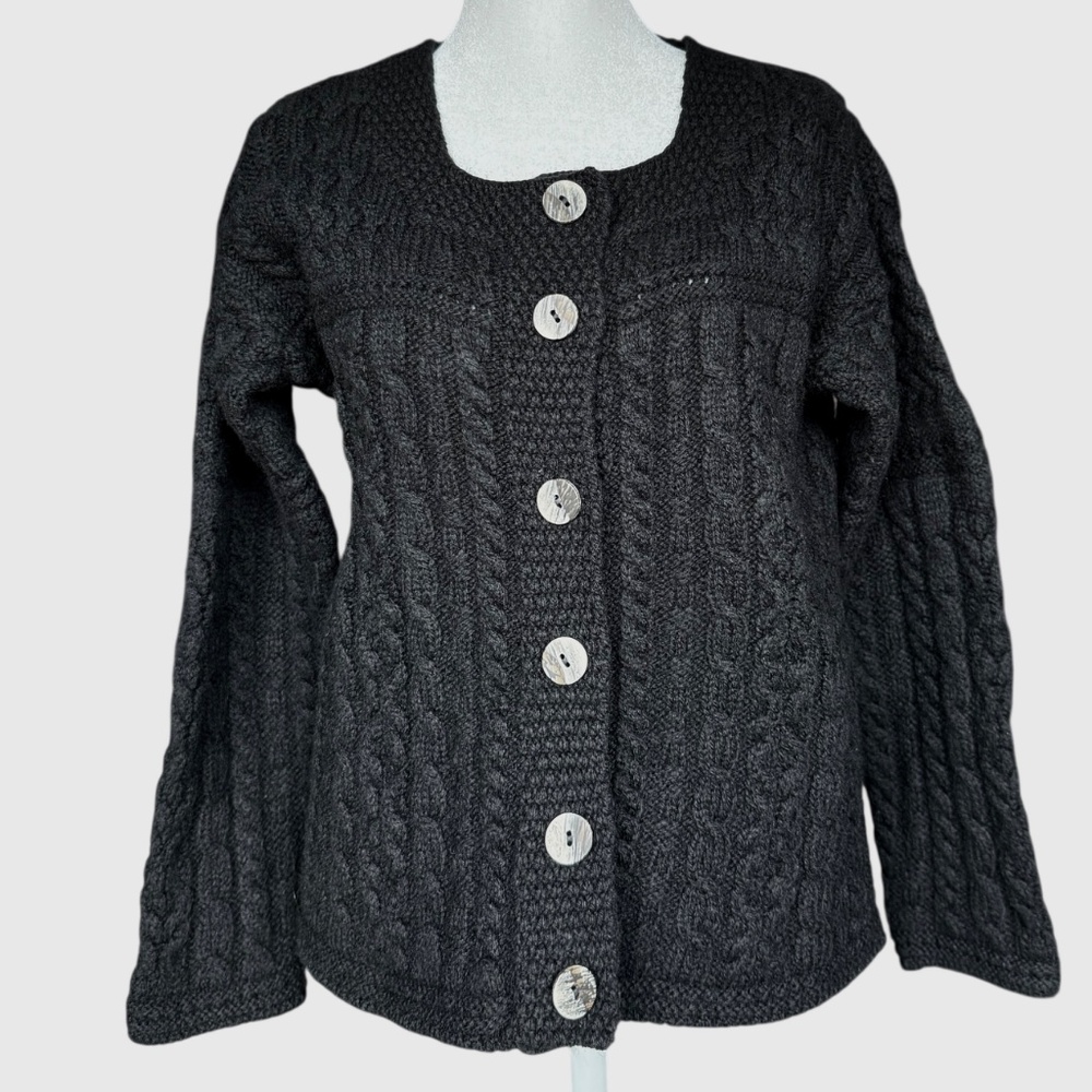 Aran Crafts 100% Merino Wool Cable Knit Cardigan Black Button Up Cardigan Sz‎ M